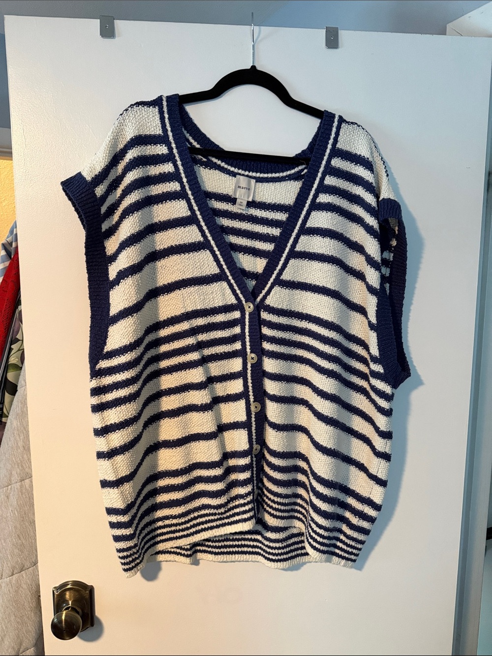 Anthropologie Navy and White Striped Button-Front Sweater Vest